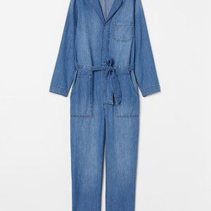 &denim Long Sleeve Tie Waist Light Denim Jumpsuit